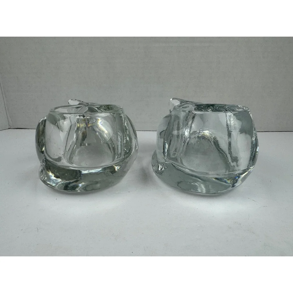 Vintage Indiana Glass Clear Sleeping Cat Votive Tea Light Candle Holders Set 2